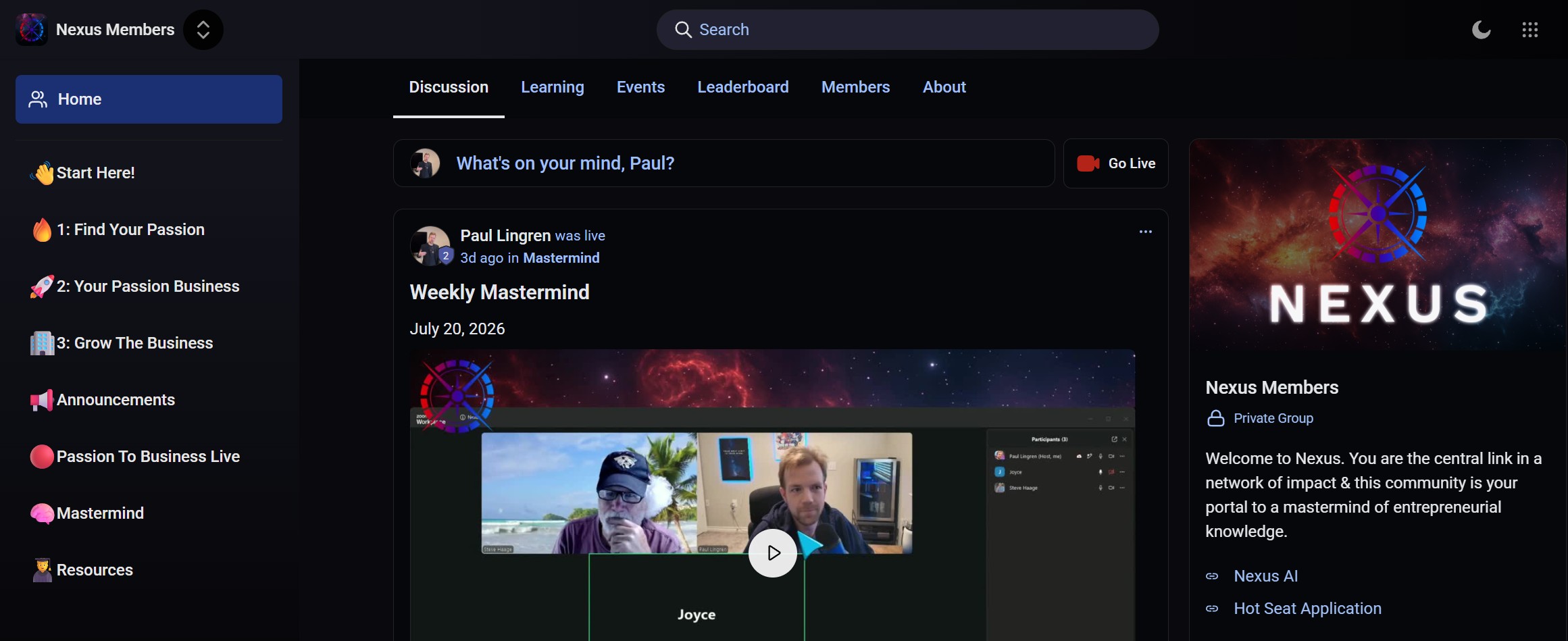 Nexus member platform showing community discussion, learning, events, member channels, and live mastermind content